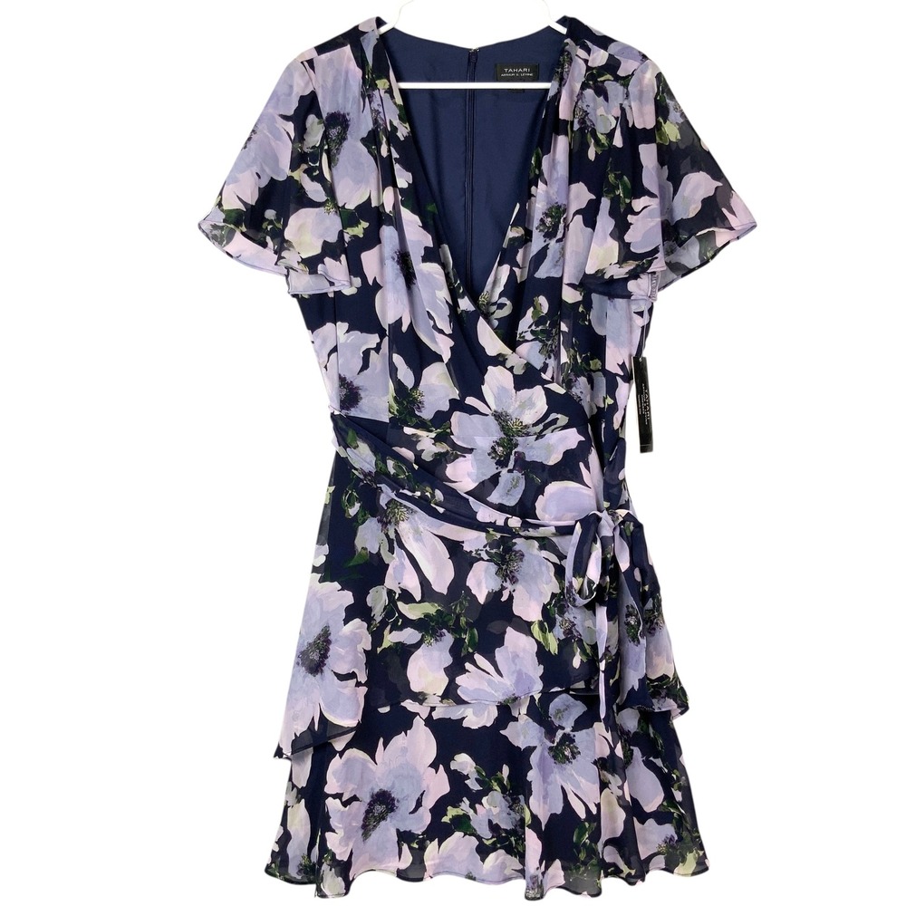 Tahari ASL Navy Floral Faux Wrap Dress 16 Zipper V-Neck Flutter Tier Belt NEW